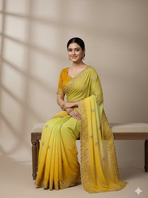 Soft Crunchy 3D Padding Fabric With 5 mm Sequence Embroidery With Multi Thread Embroidery Work And Beautiful ARC Cutting Border