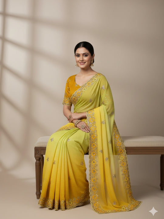 Soft Crunchy 3D Padding Fabric With 5 mm Sequence Embroidery With Multi Thread Embroidery Work And Beautiful ARC Cutting Border