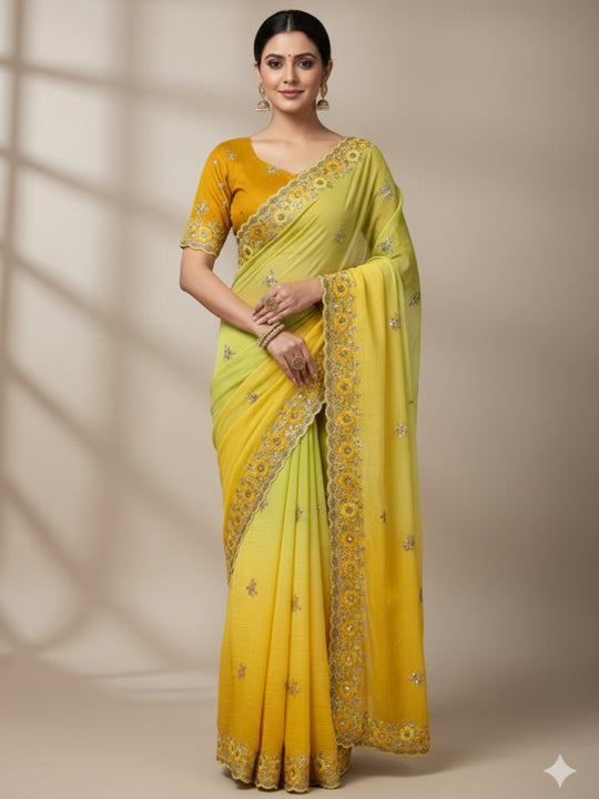 Soft Crunchy 3D Padding Fabric With 5 mm Sequence Embroidery With Multi Thread Embroidery Work And Beautiful ARC Cutting Border