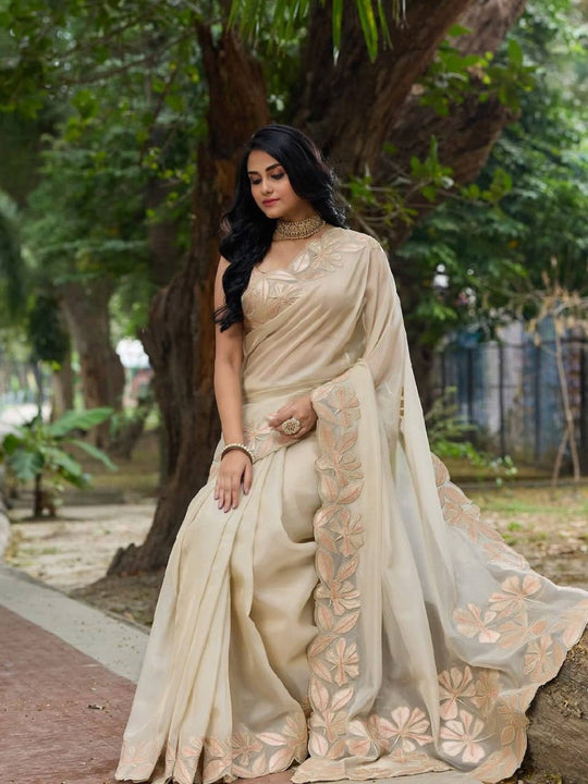 Pure Bright Organza Silk With 3mm Sequins Embroidery Work And Designer Arco Cut Border