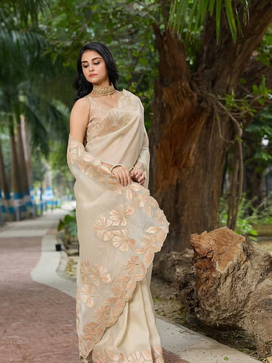 Pure Bright Organza Silk With 3mm Sequins Embroidery Work And Designer Arco Cut Border