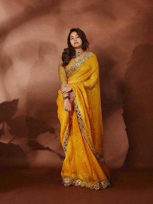 Heavy Soft Georgette Fabric On Beautiful Embroidery Sequence With Coding Work In Lace & Real Mirror Work