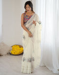 Premium  Crush Organza Sarees With Self Sequins Weaving Pattern All Over The Sarees With Dori Arco Border & Contrast Blouse