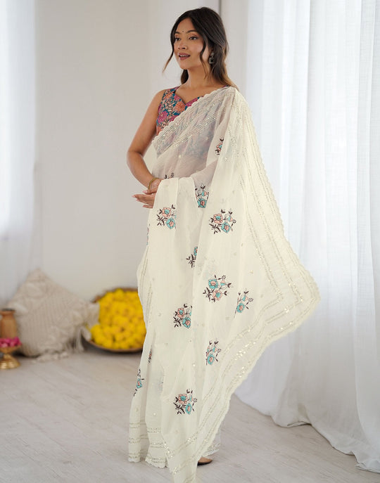 Premium  Crush Organza Sarees With Self Sequins Weaving Pattern All Over The Sarees With Dori Arco Border & Contrast Blouse