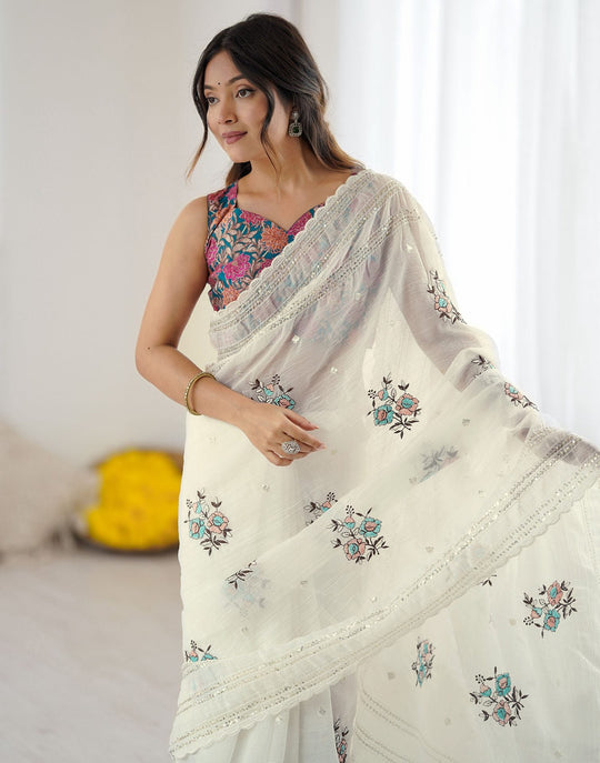 Premium  Crush Organza Sarees With Self Sequins Weaving Pattern All Over The Sarees With Dori Arco Border & Contrast Blouse