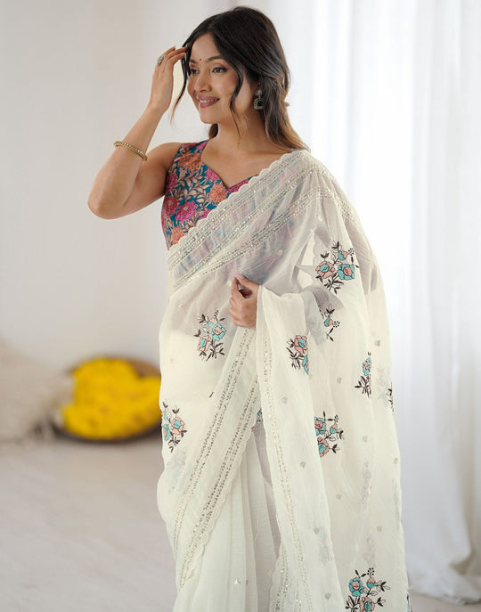 Premium  Crush Organza Sarees With Self Sequins Weaving Pattern All Over The Sarees With Dori Arco Border & Contrast Blouse