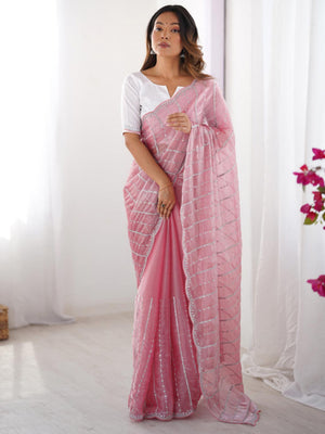 Premium Jimmy Choo Chiffon Silk With 3 mm Sequence Work And All Over Sarees Pallu Cut Work And Arco Cut Work Border