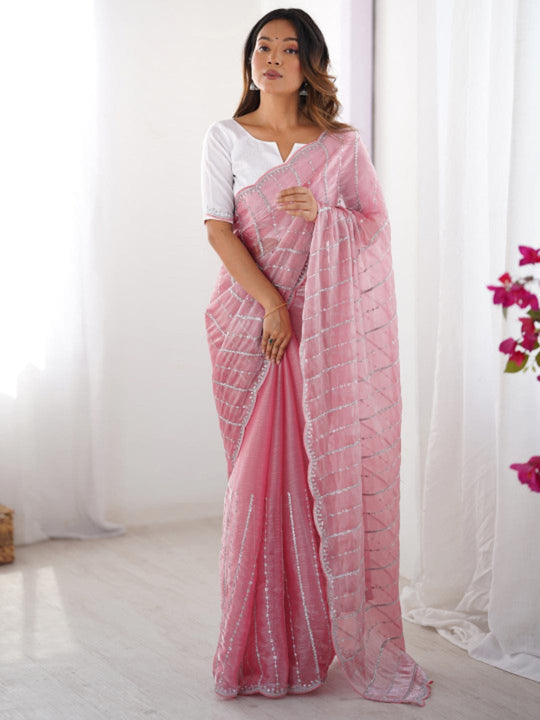 Premium Jimmy Choo Chiffon Silk With 3 mm Sequence Work And All Over Sarees Pallu Cut Work And Arco Cut Work Border