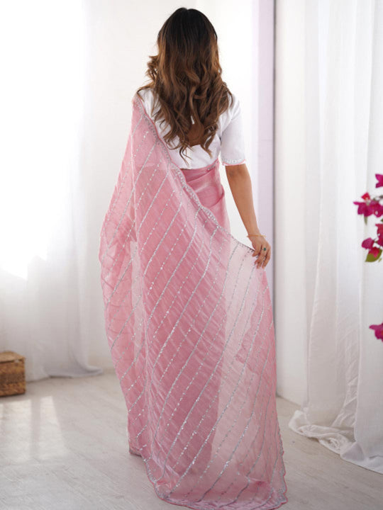 Premium Jimmy Choo Chiffon Silk With 3 mm Sequence Work And All Over Sarees Pallu Cut Work And Arco Cut Work Border