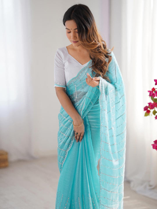 Premium Jimmy Choo Chiffon Silk With 3 mm Sequence Work And All Over Sarees Pallu Cut Work And Arco Cut Work Border