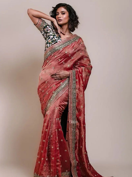 Premium Banarasi Crush Fabrics With Multi Thread Sequins Embroidered  Work Lace Border And All Over Saree’s Butta Work