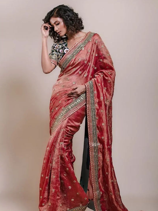 Premium Banarasi Crush Fabrics With Multi Thread Sequins Embroidered  Work Lace Border And All Over Saree’s Butta Work