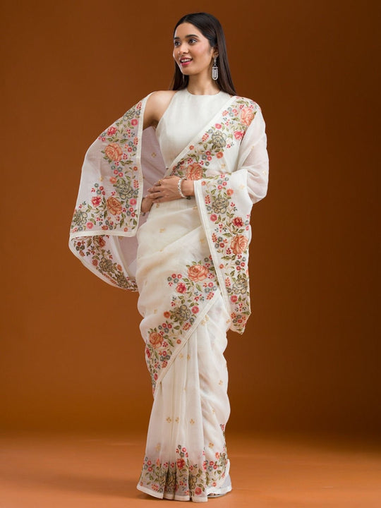 Soft Crunchy Silk Fabric With Multi Thread Work And Piping Lace Border