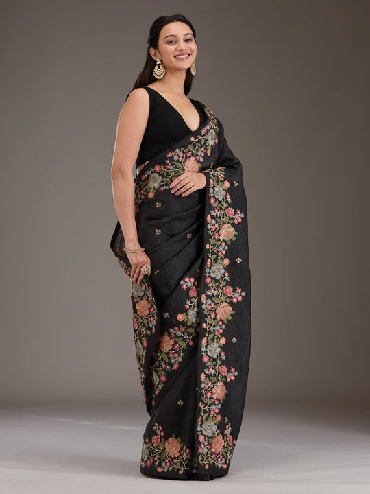 Soft Crunchy Silk Fabric With Multi Thread Work And Piping Lace Border