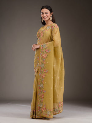 Soft Crunchy Silk Fabric With Multi Thread Work And Piping Lace Border