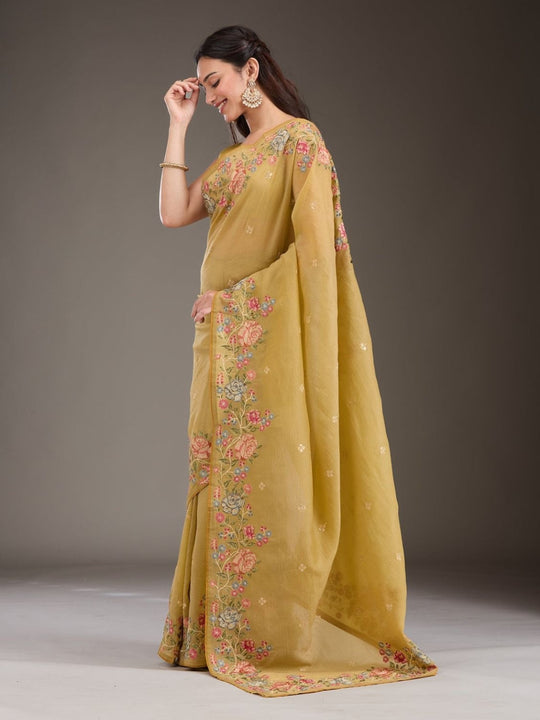 Soft Crunchy Silk Fabric With Multi Thread Work And Piping Lace Border