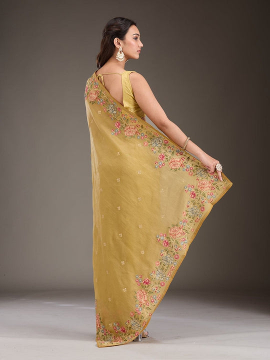 Soft Crunchy Silk Fabric With Multi Thread Work And Piping Lace Border