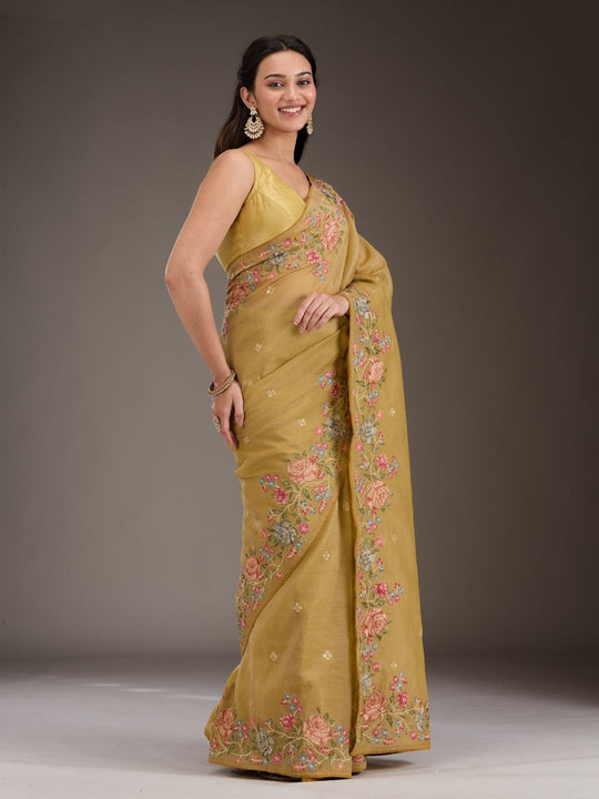 Soft Crunchy Silk Fabric With Multi Thread Work And Piping Lace Border