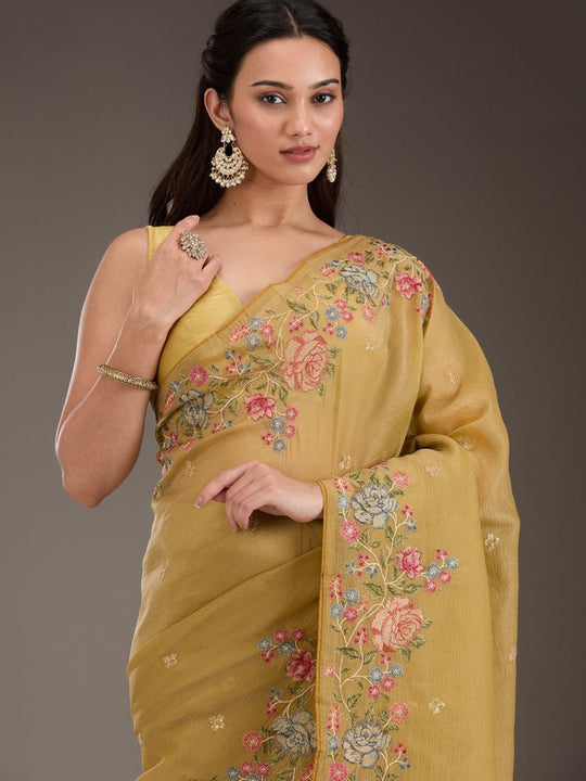 Soft Crunchy Silk Fabric With Multi Thread Work And Piping Lace Border