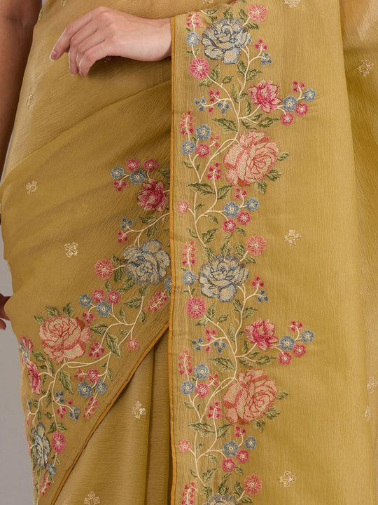Soft Crunchy Silk Fabric With Multi Thread Work And Piping Lace Border
