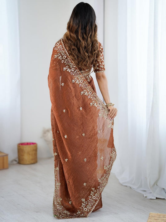 Heavy Soft Fandy Chiffon Silk Fabric With C- Pallu Zari And Sequence Work Cut Work Border On Sarees