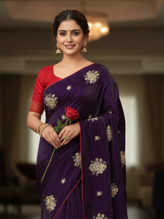 Jimmy Choo Fabric  Beads And Sequins Work With All Over Saree’s Butta And Contrast Matching Piping Border