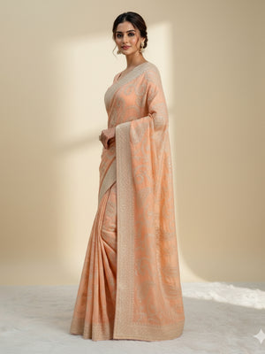 Tabby Organza Silk Fabric With Sequence Multi Embroidery Work .C Pallu Work With Piping Border