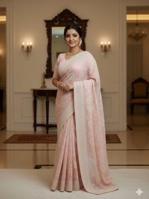 Tabby Organza Silk Fabric With Sequence Multi Embroidery Work .C Pallu Work With Piping Border