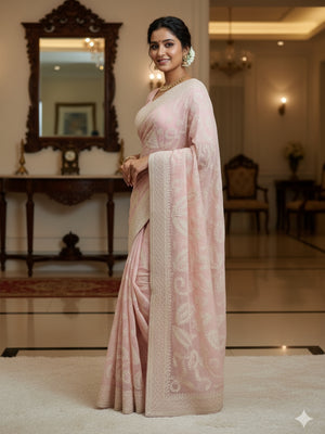 Tabby Organza Silk Fabric With Sequence Multi Embroidery Work .C Pallu Work With Piping Border