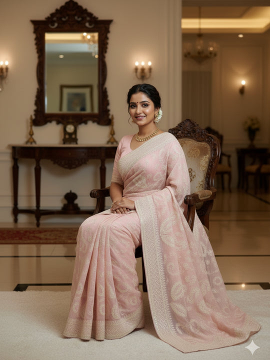 Tabby Organza Silk Fabric With Sequence Multi Embroidery Work .C Pallu Work With Piping Border