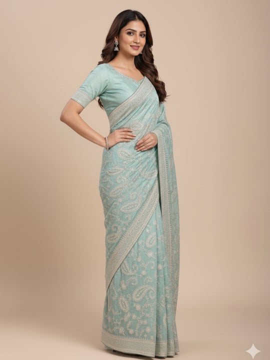 Tabby Organza Silk Fabric With Sequence Multi Embroidery Work .C Pallu Work With Piping Border