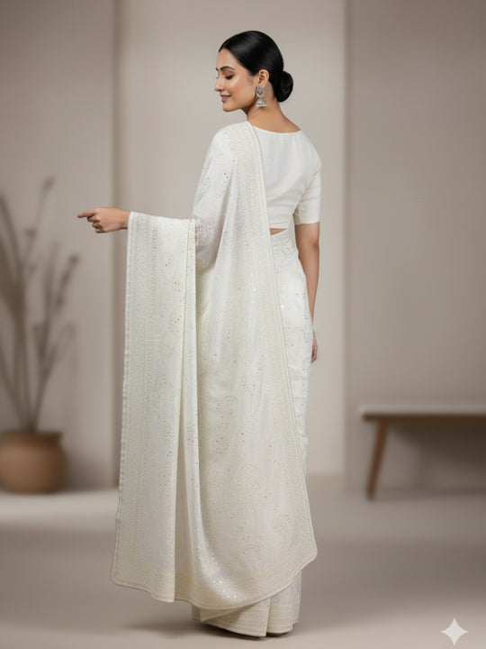 Tabby Organza Silk Fabric With Sequence Multi Embroidery Work .C Pallu Work With Piping Border