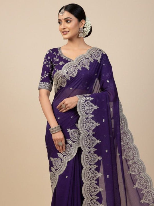 Pure Fandy Satin Fabric With 3 mm Sequence Zari Work Aarco Border