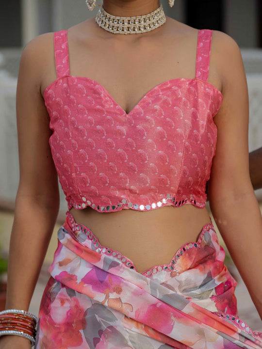 Heavy Chinon Silk With Digital Print And Cutwork Border With Embroidery