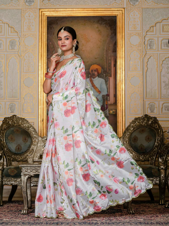 Heavy Chinon Silk With Digital Print And Cutwork Border With Embroidery