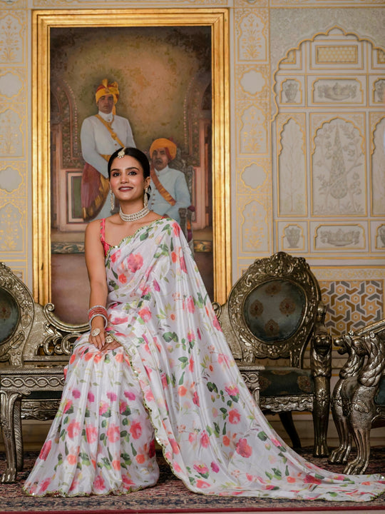 Heavy Chinon Silk With Digital Print And Cutwork Border With Embroidery