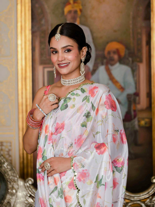 Heavy Chinon Silk With Digital Print And Cutwork Border With Embroidery