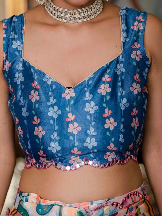 Heavy Chinon Silk With Digital Print And Cutwork Border With Embroidery