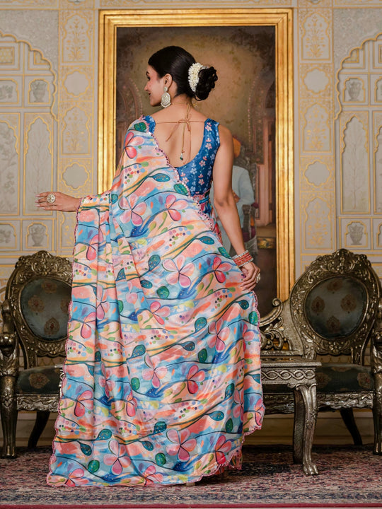 Heavy Chinon Silk With Digital Print And Cutwork Border With Embroidery