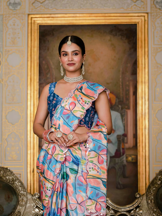 Heavy Chinon Silk With Digital Print And Cutwork Border With Embroidery