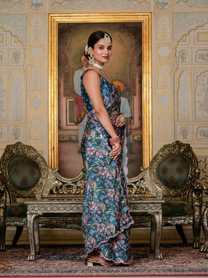 Heavy Chinon Silk With Digital Print And Cutwork Border With Embroidery