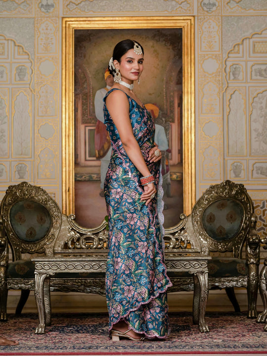 Heavy Chinon Silk With Digital Print And Cutwork Border With Embroidery