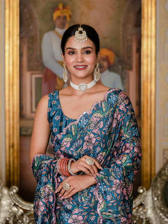 Heavy Chinon Silk With Digital Print And Cutwork Border With Embroidery