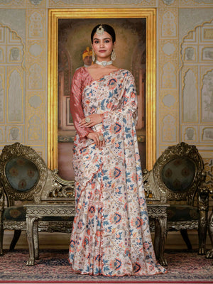 Heavy Chinon Silk With Digital Print And Cutwork Border With Embroidery