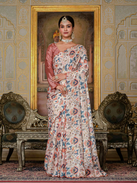 Heavy Chinon Silk With Digital Print And Cutwork Border With Embroidery