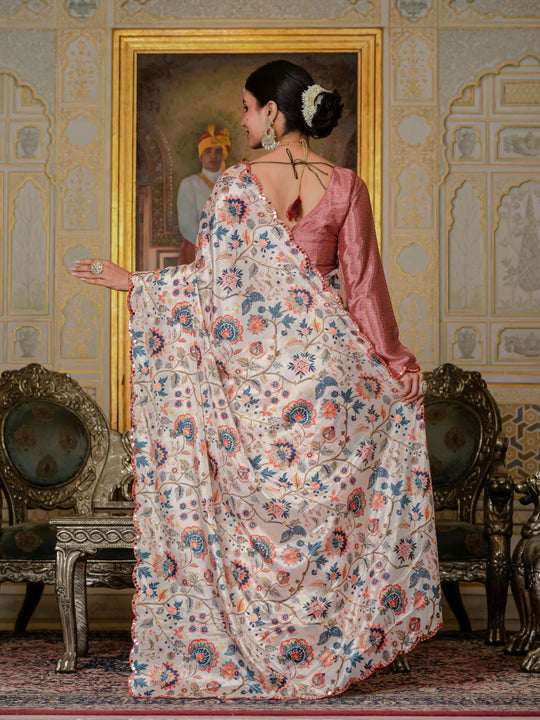 Heavy Chinon Silk With Digital Print And Cutwork Border With Embroidery