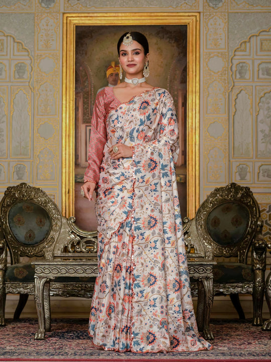 Heavy Chinon Silk With Digital Print And Cutwork Border With Embroidery