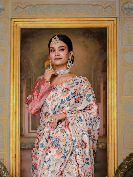 Heavy Chinon Silk With Digital Print And Cutwork Border With Embroidery