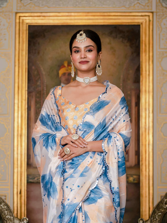 Heavy Chinon Silk With Digital Print And Cutwork Border With Embroidery