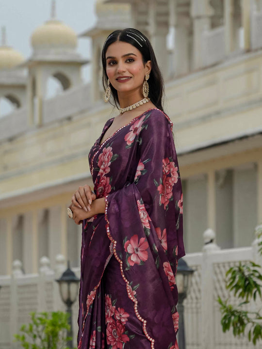 Heavy Chinon Silk With Digital Print And Cutwork Border With Embroidery